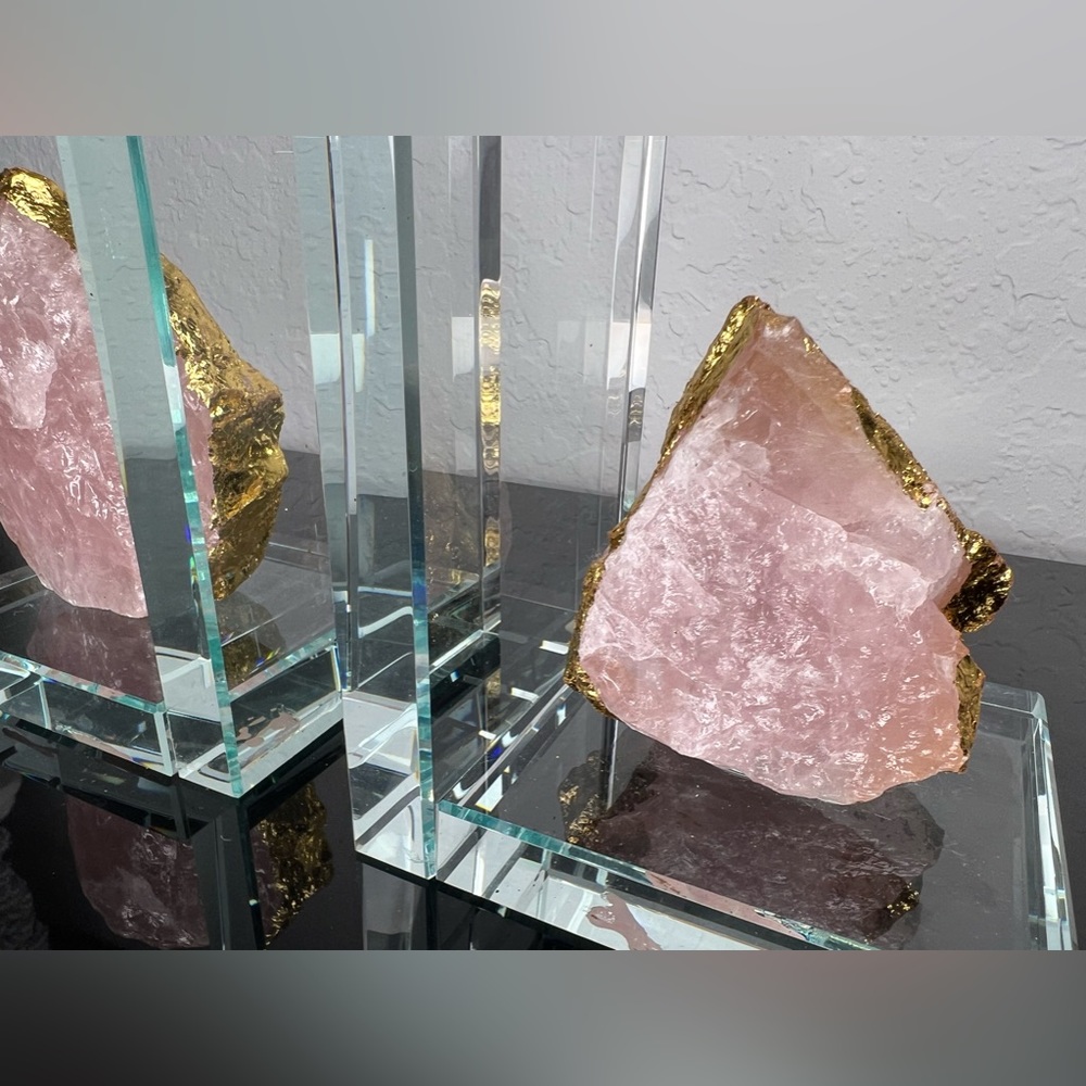 NEW Pink Quartz Bookends Gold Leaf crystal Set of 2 love healing geodes decor